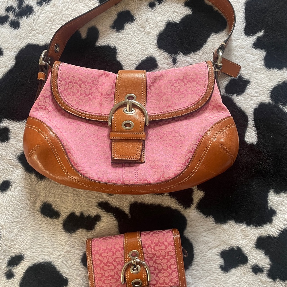 Coach Pink and Tan Shoulder Bag and Wallet